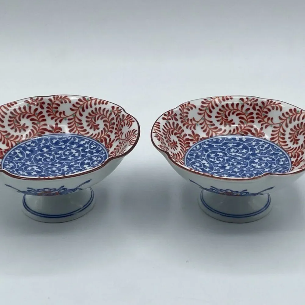 2 Gen-emon kJapan Orange & Blue Porcelain Bowls Signed 4